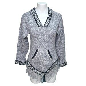 `Unbranded Grey Knit Vneck Hooded Pullover Sweater Fringe Kangaroo Pocket